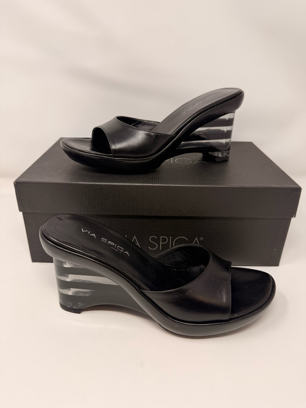 Via Spiga Black Leather Wedge Slide Sandals with Striped Heel